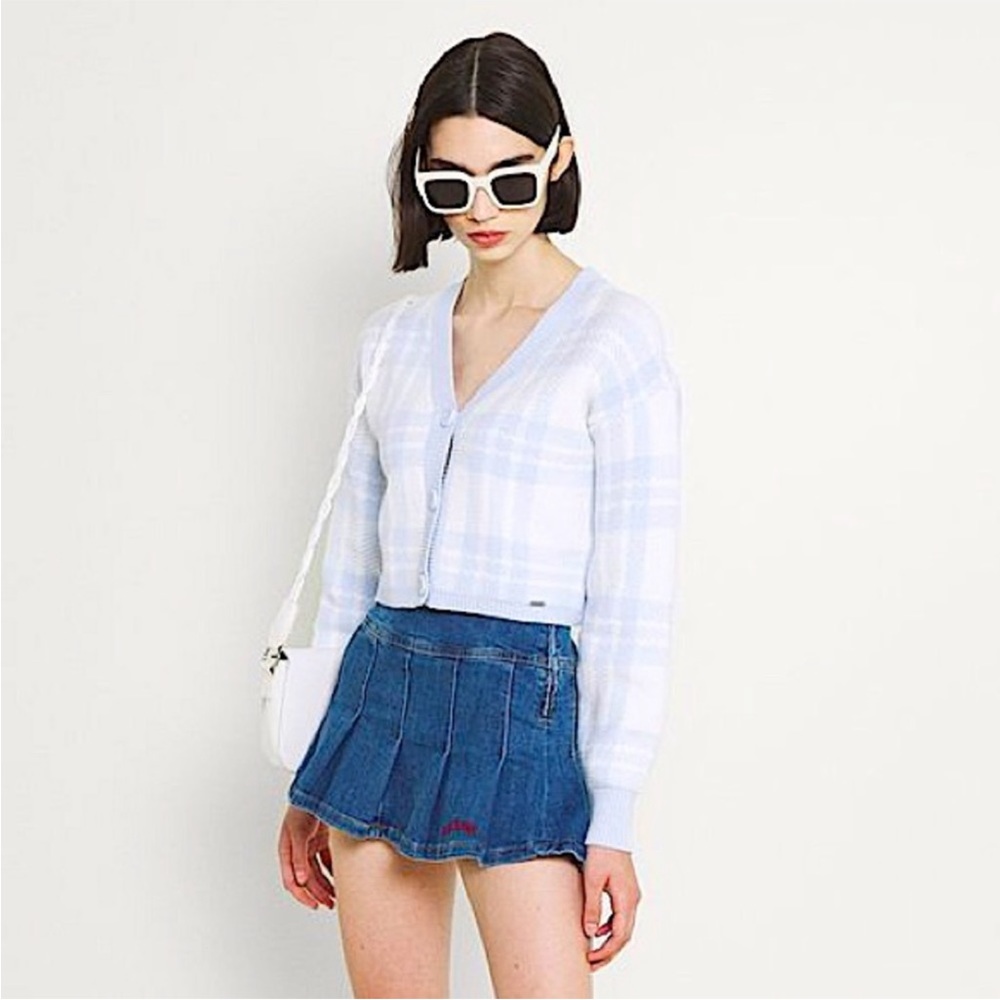 Hollister Crop Cardigan Light Blue Plaid